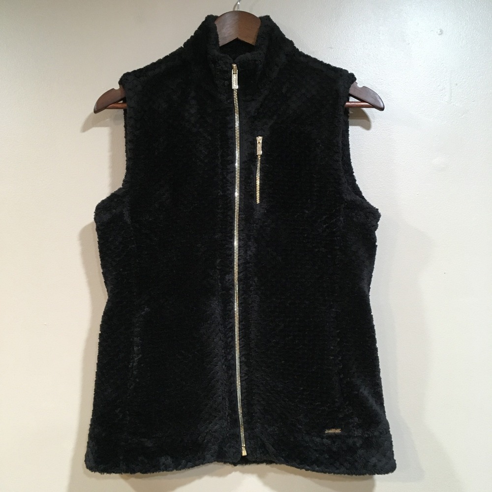 Calvin Klein Sherpa Fleece Vest Women XS Black Gold Plush Faux Fur Capsule Lagom